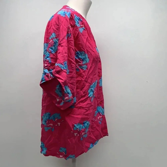Maje Clowers Blouse Shirt Floral Print Button Down Short Sleeve Pink Blue Small - Picture 6 of 11